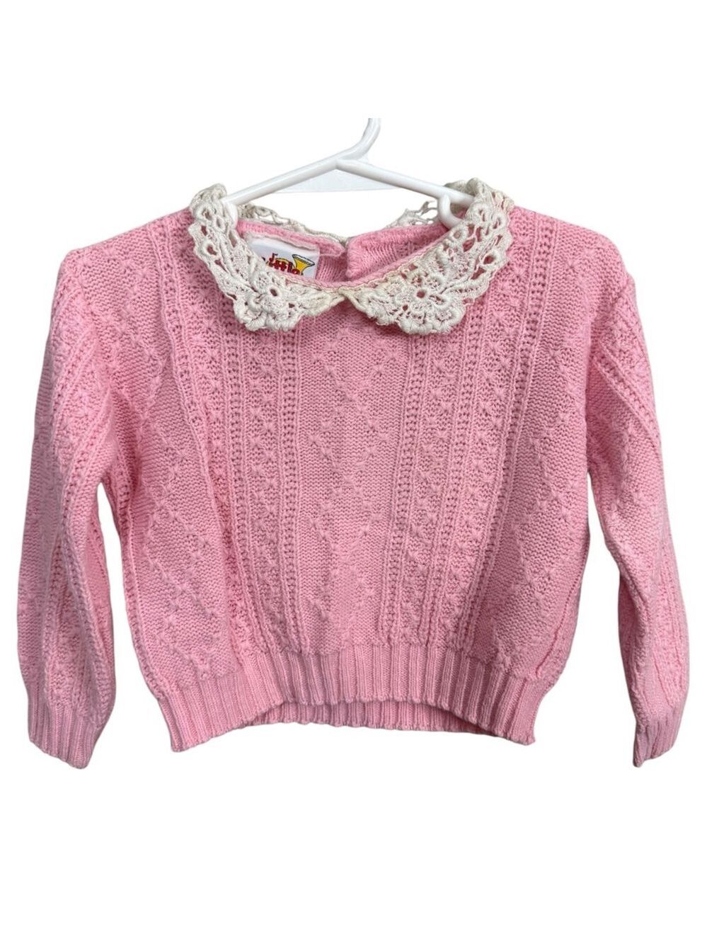 Little Funky Vintage Pink Knit Baby Cardigan Lace Collar USA 12-18M
